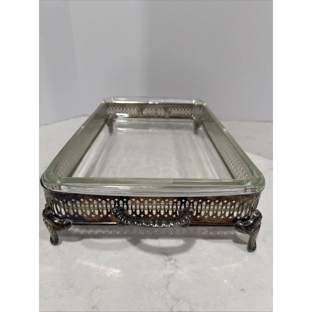 Vntg Godlinger Silver Plate Footed Dish Casserole Server Glass Liner 18x10 inch